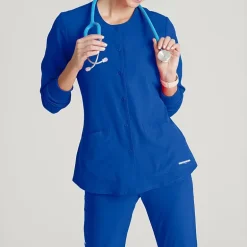 Skechers Sk401 Stability 2-Pocket Crewneck Snap-Front Warm-Up Womens Tag Free Stretch Fabric Moisture Wicking Scrub Jackets