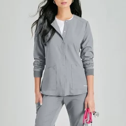 Skechers Sk401 Stability 2-Pocket Crewneck Snap-Front Warm-Up Womens Plus Tall Tag Free Stretch Fabric Moisture Wicking Scrub Jackets