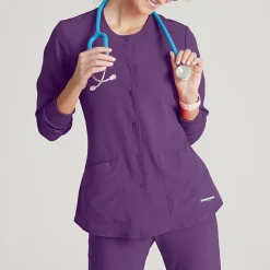 Skechers Sk401 Stability 2-Pocket Crewneck Snap-Front Warm-Up Womens Plus Tall Tag Free Stretch Fabric Moisture Wicking Scrub Jackets
