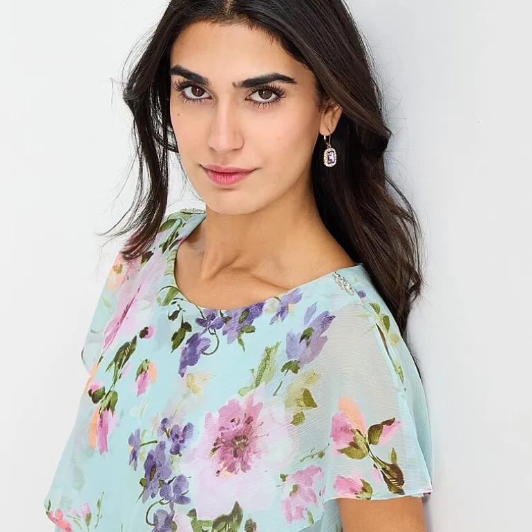 S. L. Fashions Womens Midi Round Neck Short Sleeve Floral Shift Dress