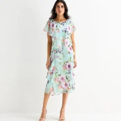 S. L. Fashions Womens Midi Round Neck Short Sleeve Floral Shift Dress