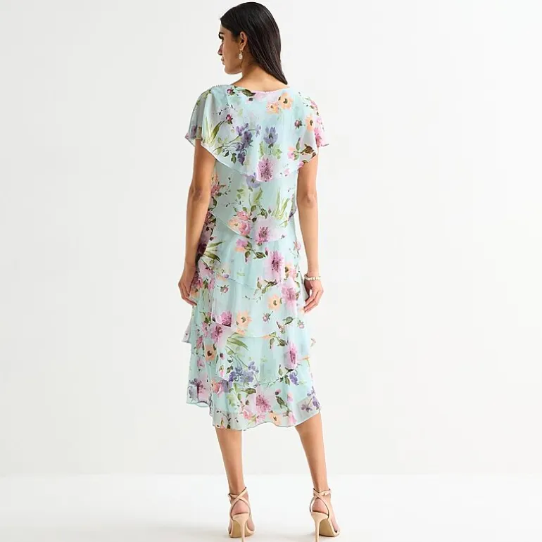 S. L. Fashions Womens Midi Round Neck Short Sleeve Floral Shift Dress
