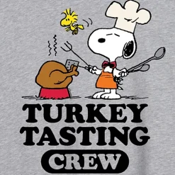 Snoopy Turkey Tasting Womens Juniors Crew Neck Short Sleeve Regular Fit Peanuts Graphic T-Shirt