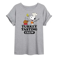Snoopy Turkey Tasting Womens Juniors Crew Neck Short Sleeve Regular Fit Peanuts Graphic T-Shirt