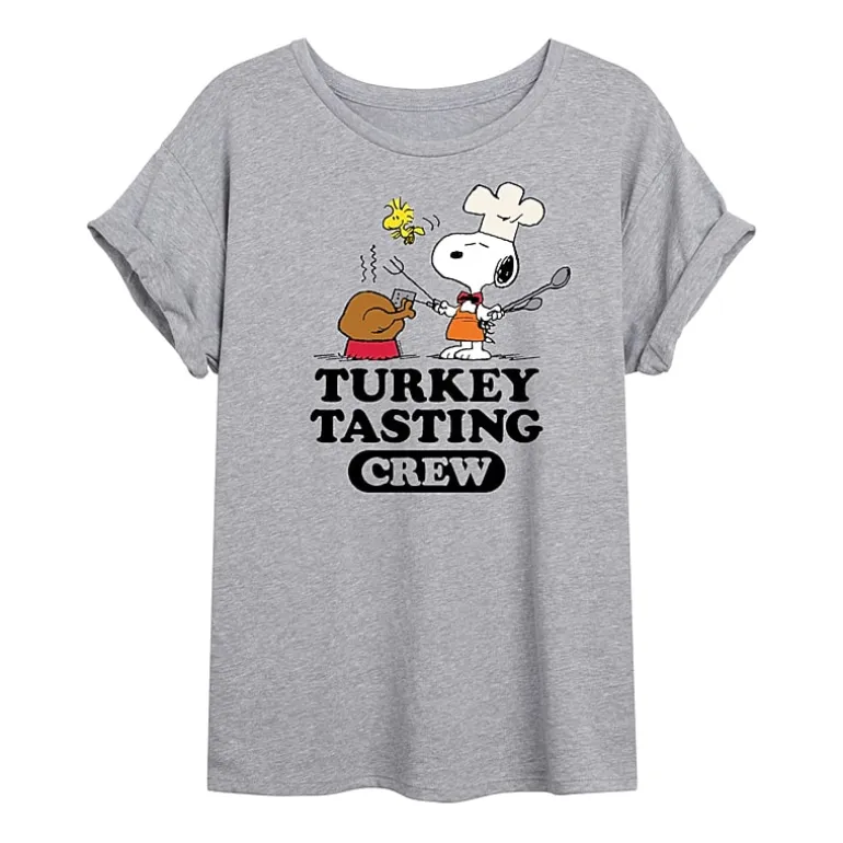 Snoopy Turkey Tasting Womens Juniors Crew Neck Short Sleeve Regular Fit Peanuts Graphic T-Shirt