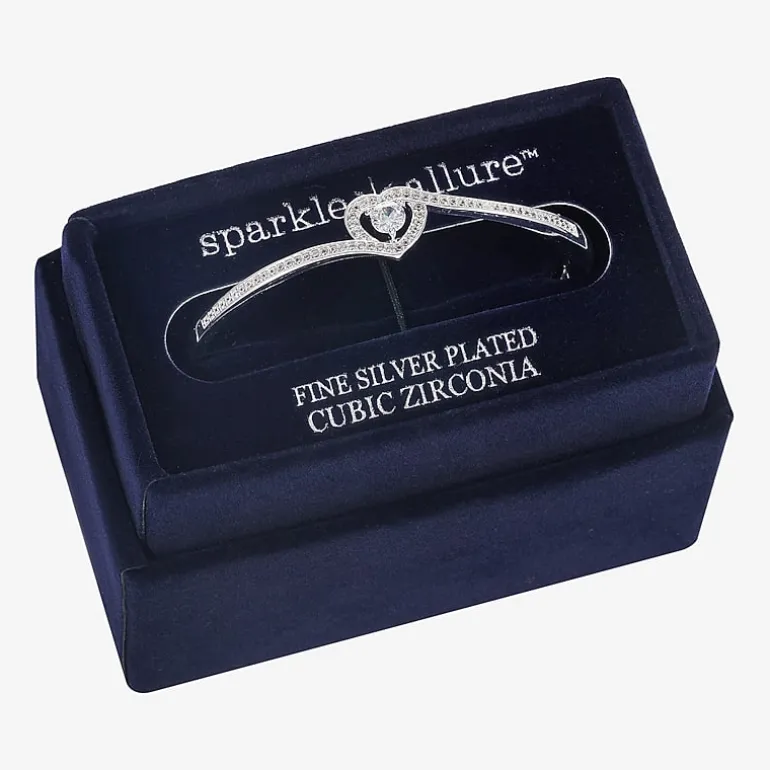 Sparkle Allure Bypass Womens Cubic Zirconia Pure Silver Over Brass Heart Bangle Bracelet