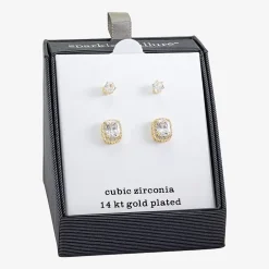 Sparkle Allure Halo Womens Cubic Zirconia 14K Gold Over Brass 2 Pair Earring Set