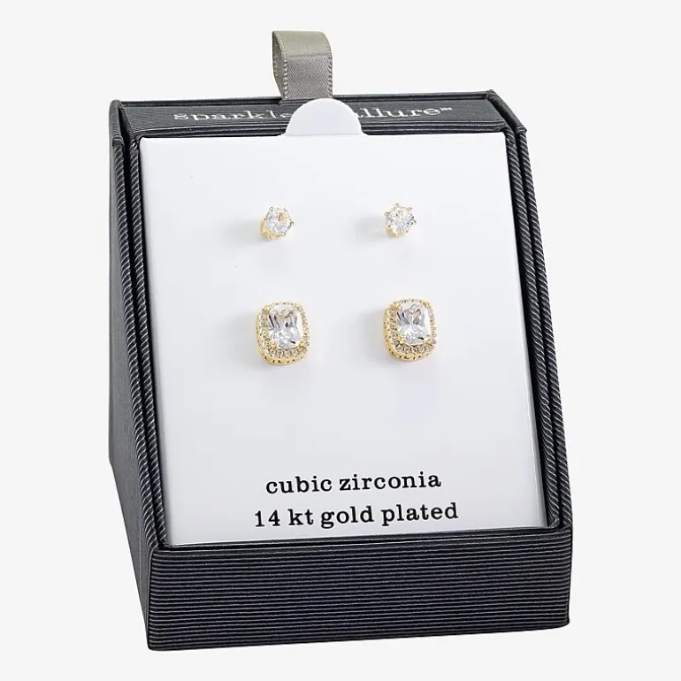 Sparkle Allure Halo Womens Cubic Zirconia 14K Gold Over Brass 2 Pair Earring Set