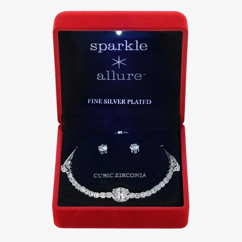Sparkle Allure Light Up Box Womens Cubic Zirconia Pure Silver Over Brass Oval 2-pc. Jewelry Set