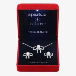 Sparkle Allure Light Up Box Womens Cubic Zirconia Simulated Pearl Pure Silver Over Brass Bow 2-pc. Jewelry Set