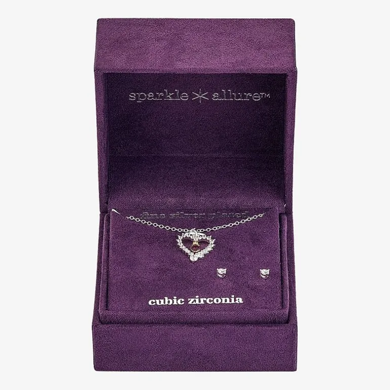 Sparkle Allure Pendant Necklace & Stud Earring Womens Cubic Zirconia Pure Silver Over Brass Heart 2-pc. Jewelry Set