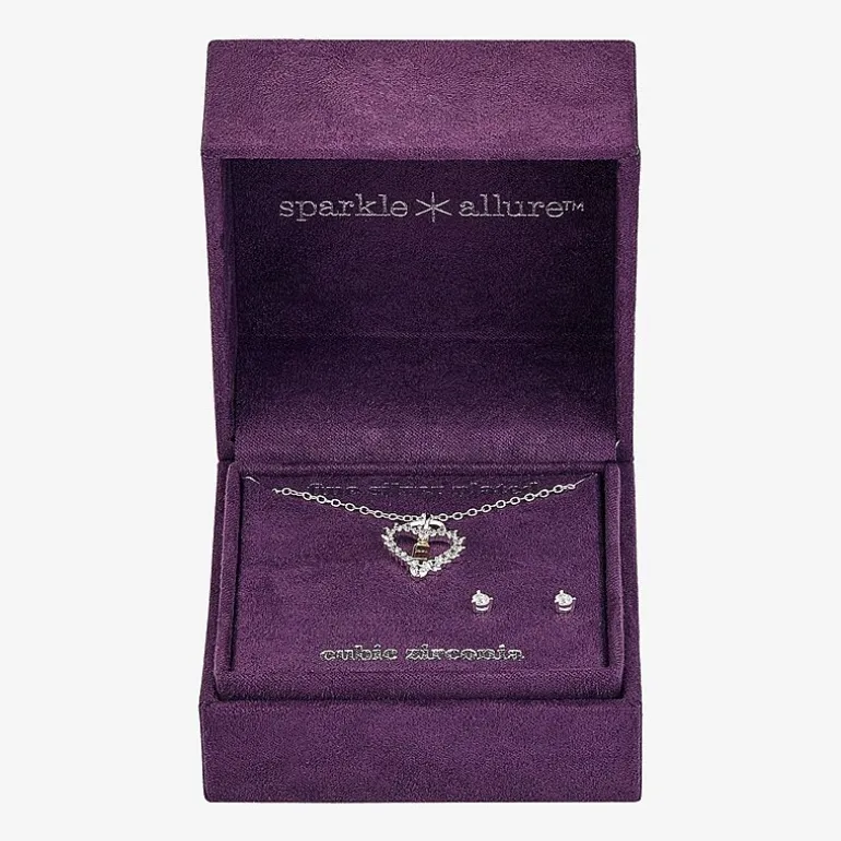 Sparkle Allure Pendant Necklace & Stud Earring Womens Cubic Zirconia Pure Silver Over Brass Heart 2-pc. Jewelry Set