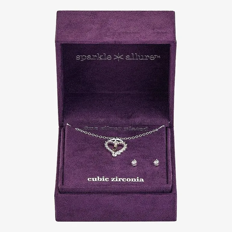 Sparkle Allure Pendant Necklace & Stud Earring Womens Cubic Zirconia Pure Silver Over Brass Heart 2-pc. Jewelry Set