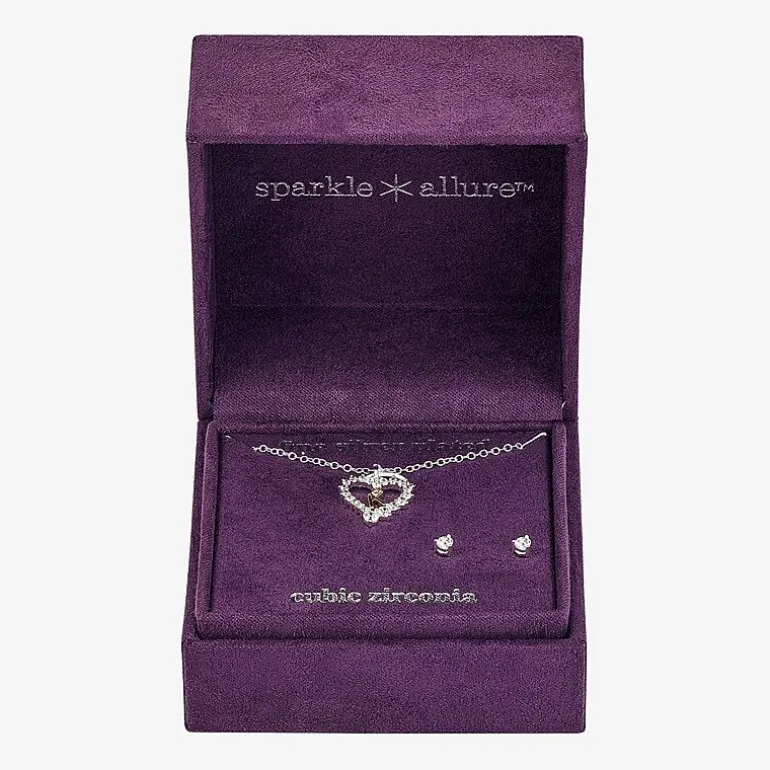 Sparkle Allure Pendant Necklace & Stud Earring Womens Cubic Zirconia Pure Silver Over Brass Heart 2-pc. Jewelry Set