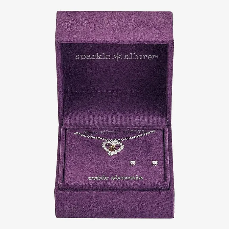 Sparkle Allure Pendant Necklace & Stud Earring Womens Cubic Zirconia Pure Silver Over Brass Heart 2-pc. Jewelry Set