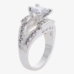 Sparkle Allure Split Shank Womens Cubic Zirconia Pure Silver Over Brass Round Engagement Ring