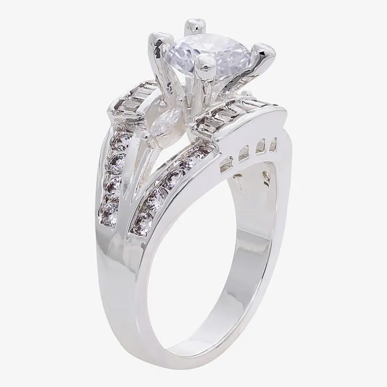 Sparkle Allure Split Shank Womens Cubic Zirconia Pure Silver Over Brass Round Engagement Ring