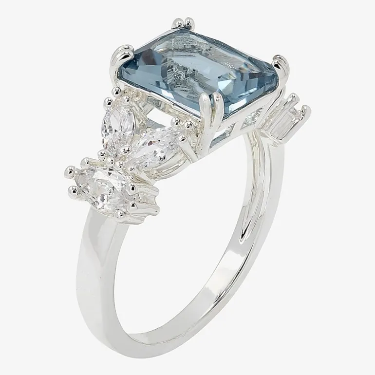 Sparkle Allure Split Shank Womens Blue Crystal Pure Silver Over Brass Cocktail Ring