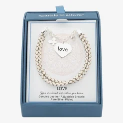 Sparkle Allure White Leather Love Womens Cubic Zirconia Pure Silver Over Brass Butterfly Heart Charm Bracelet