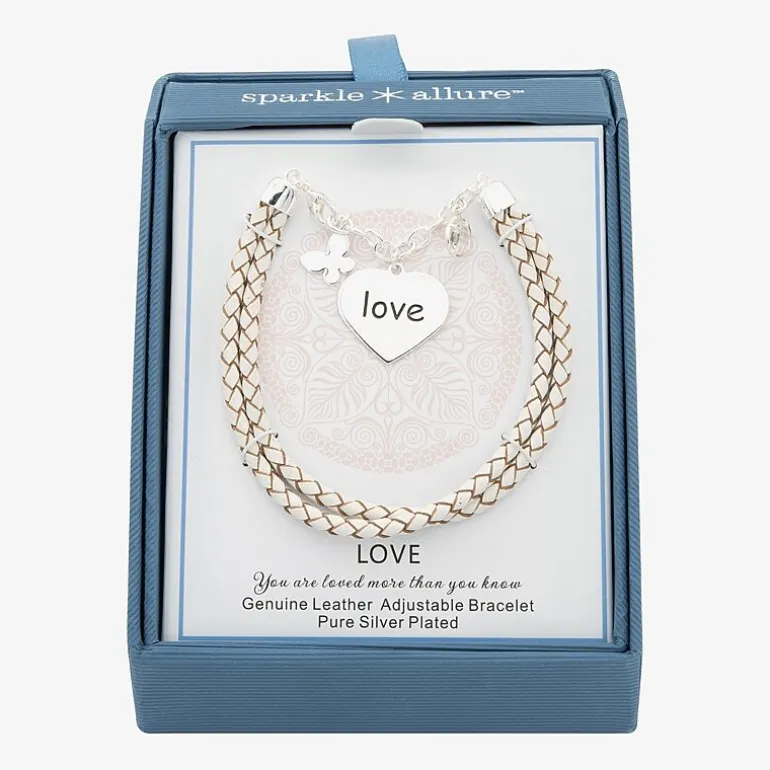Sparkle Allure White Leather Love Womens Cubic Zirconia Pure Silver Over Brass Butterfly Heart Charm Bracelet