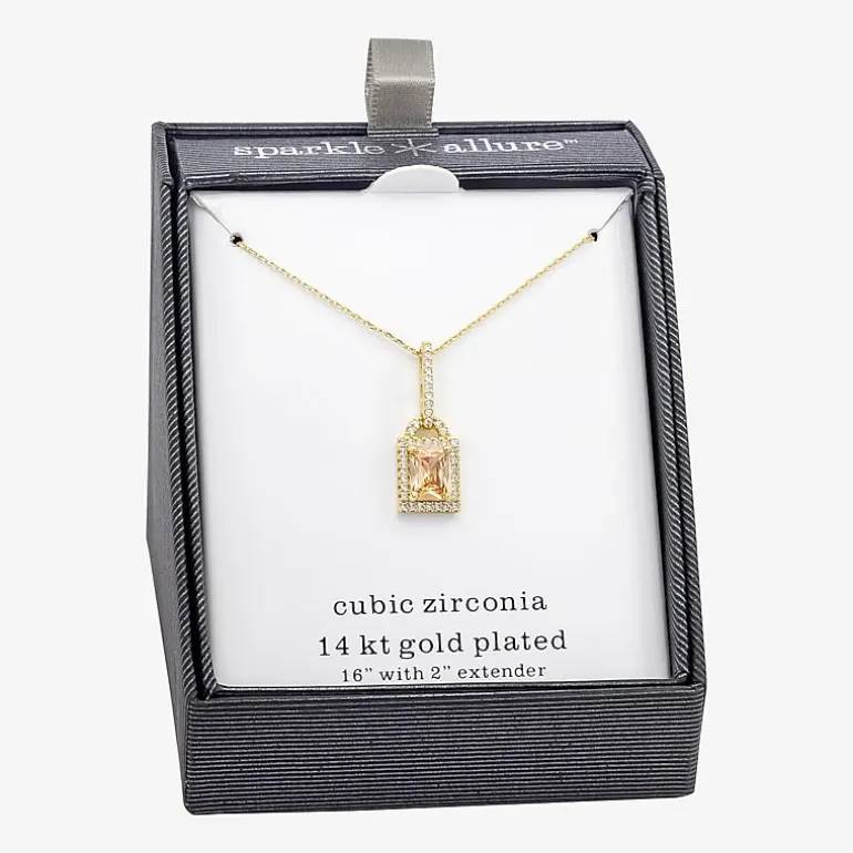 Sparkle Allure Womens Champagne Cubic Zirconia 14K Gold Over Brass Rectangular 16 Inch Pendant Necklace