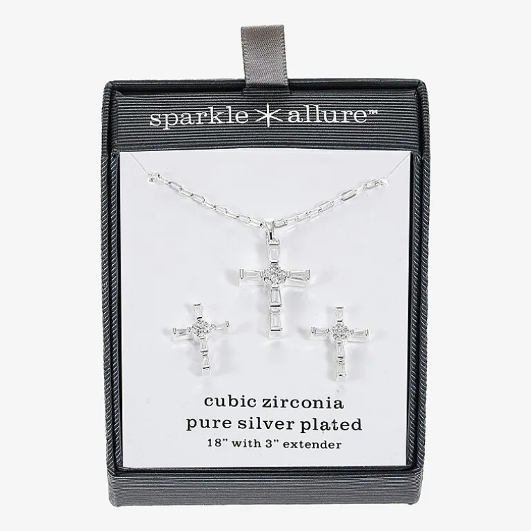 Sparkle Allure Womens Cubic Zirconia Pure Silver Over Brass Cross 2-pc. Jewelry Set