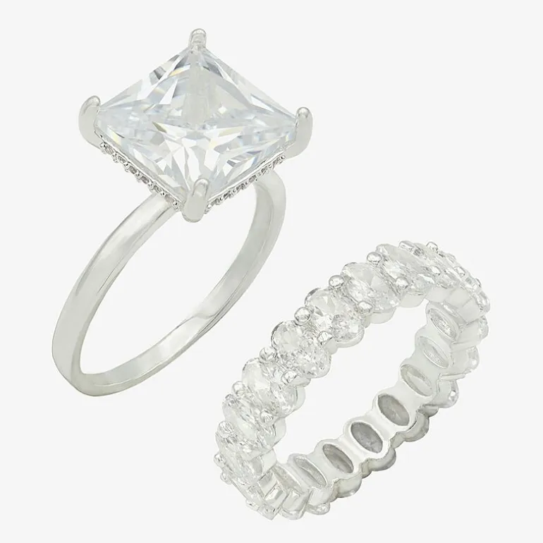 Sparkle Allure Womens Cubic Zirconia Pure Silver Over Brass Ring Set