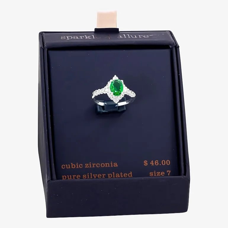 Sparkle Allure Womens Green Cubic Zirconia Pure Silver Over Brass Oval Halo Cocktail Ring