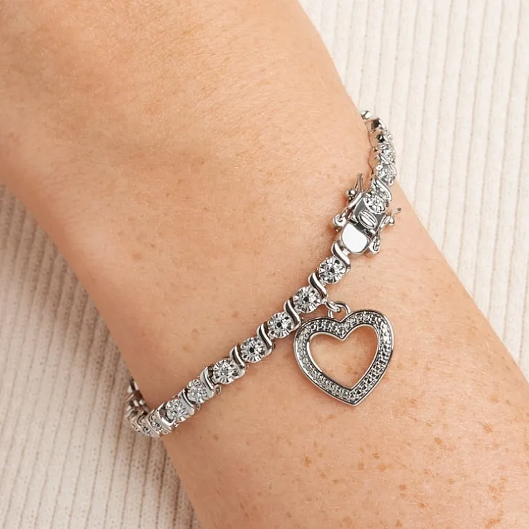 Sparkle Allure Womens Natural White Diamond Accent Pure Silver Over Bronze Heart 7.25 Inch Tennis Bracelet