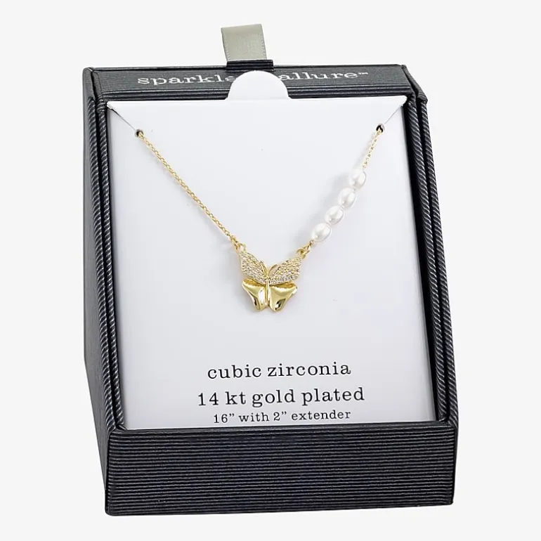 Sparkle Allure Womens Simulated Pearl 14K Gold Over Brass Butterfly 16 Inch Pendant Necklace
