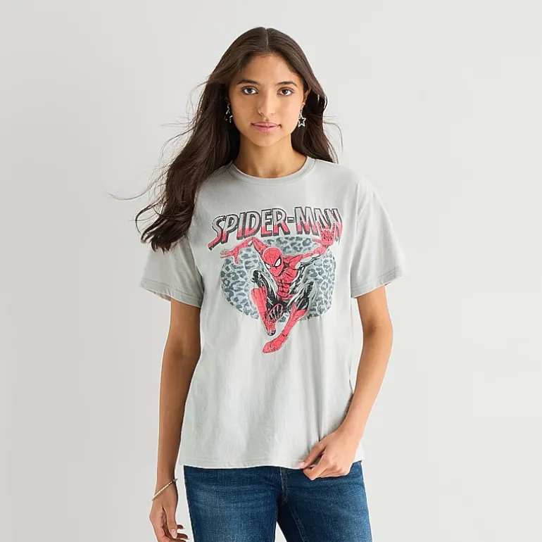 Spider Man Boyfriend Tee Womens Juniors Crew Neck Short Sleeve Loose Fit Spiderman Graphic T-Shirt