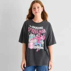 Spiderman Oversized Tee Womens Juniors Crew Neck Short Sleeve Oversized Spiderman Graphic T-Shirt