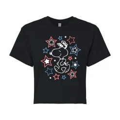 Stars Cropped Womens Juniors Crew Neck Short Sleeve Regular Fit Peanuts Snoopy Graphic T-Shirt