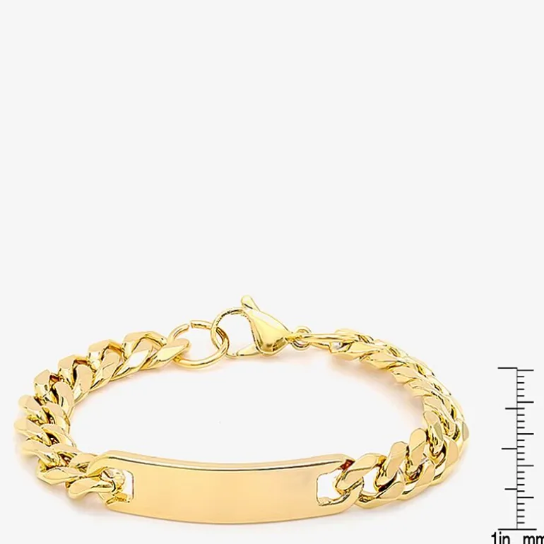 Steeltime Mens 18K Gold Over Stainless Steel Solid Curb Id Bracelet