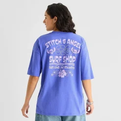 Stitch And Angel Oversized Tee Womens Juniors Crew Neck Short Sleeve Oversized Graphic T-Shirt