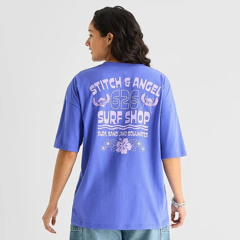 Stitch And Angel Oversized Tee Womens Juniors Crew Neck Short Sleeve Oversized Graphic T-Shirt