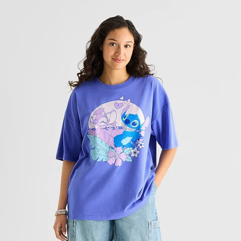 Stitch And Angel Oversized Tee Womens Juniors Crew Neck Short Sleeve Oversized Graphic T-Shirt