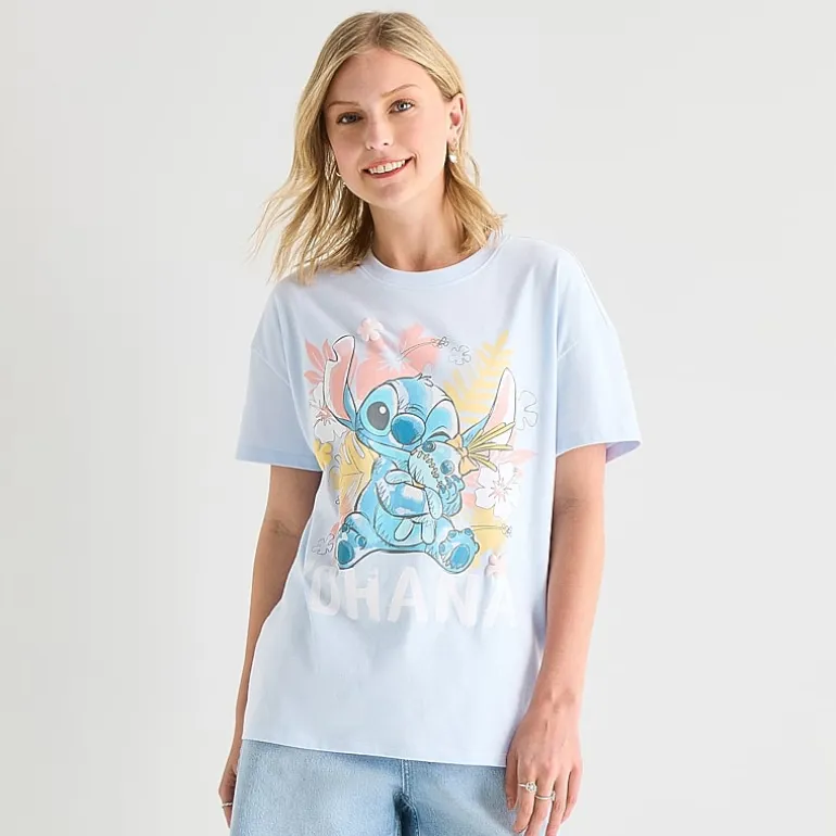 Stitch Boyfriend Tee Womens Juniors Crew Neck Short Sleeve Loose Fit Graphic T-Shirt