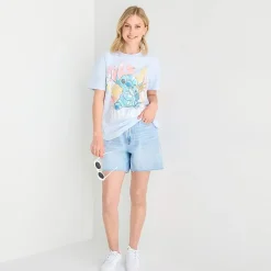 Stitch Boyfriend Tee Womens Juniors Crew Neck Short Sleeve Loose Fit Graphic T-Shirt