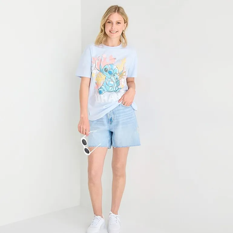 Stitch Boyfriend Tee Womens Juniors Crew Neck Short Sleeve Loose Fit Graphic T-Shirt