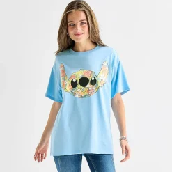 Stitch Floral Boyfriend Tee Womens Juniors Crew Neck Short Sleeve Regular Fit Graphic T-Shirt