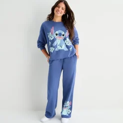 Stitch Sweatpant Womens Juniors Wide Leg Mid Rise Fleece Sweatpant
