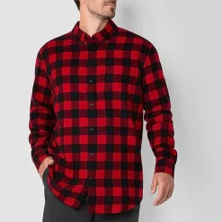 St. John's Bay Mens Easy-on + Easy-off Seated Wear Long Sleeve Adaptive Classic Fit Big and Tall Flannel Shirt