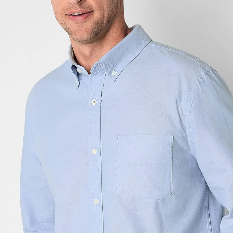 St. John's Bay Performance Oxford Mens Easy-on + Easy-off Seated Wear Long Sleeve Classic Fit Button-Down Shirt
