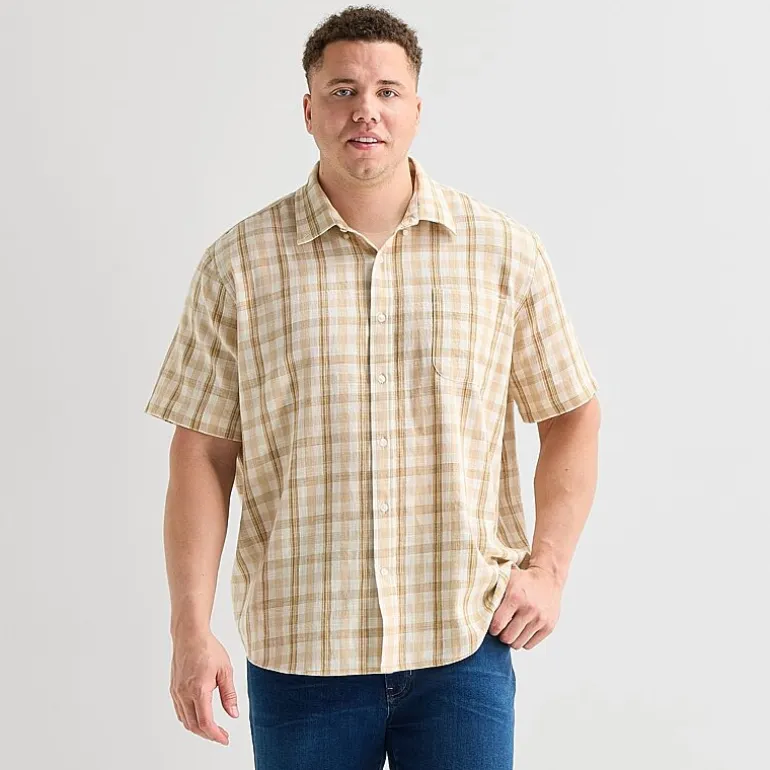 St. John's Bay Textured Gingham Mens Short Sleeve Classic Fit Big and Tall Button-Down Shirt