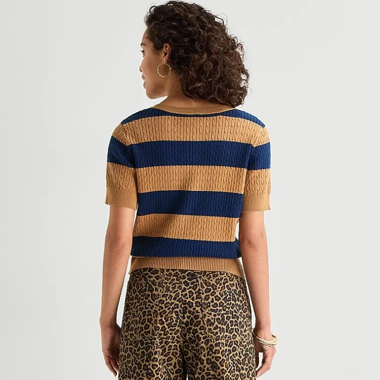 St. John's Bay Womens Crew Neck Short Sleeve Button Striped Cable Knit Cardigan
