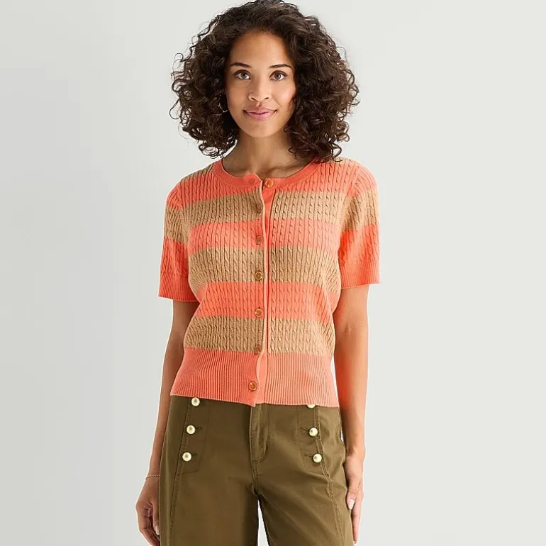 St. John's Bay Womens Crew Neck Short Sleeve Button Striped Cable Knit Cardigan