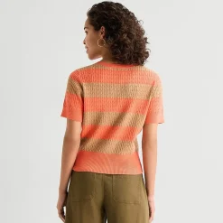St. John's Bay Womens Crew Neck Short Sleeve Button Striped Cable Knit Cardigan