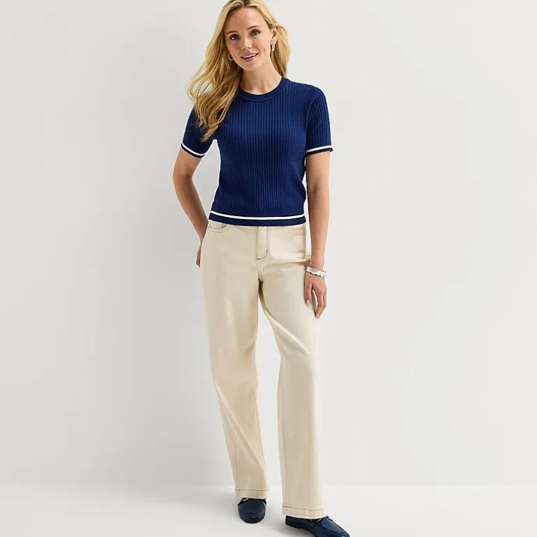 St. John's Bay Womens Crew Neck Short Sleeve Cable Knit Pullover Sweater