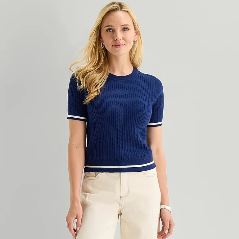 St. John's Bay Womens Crew Neck Short Sleeve Cable Knit Pullover Sweater